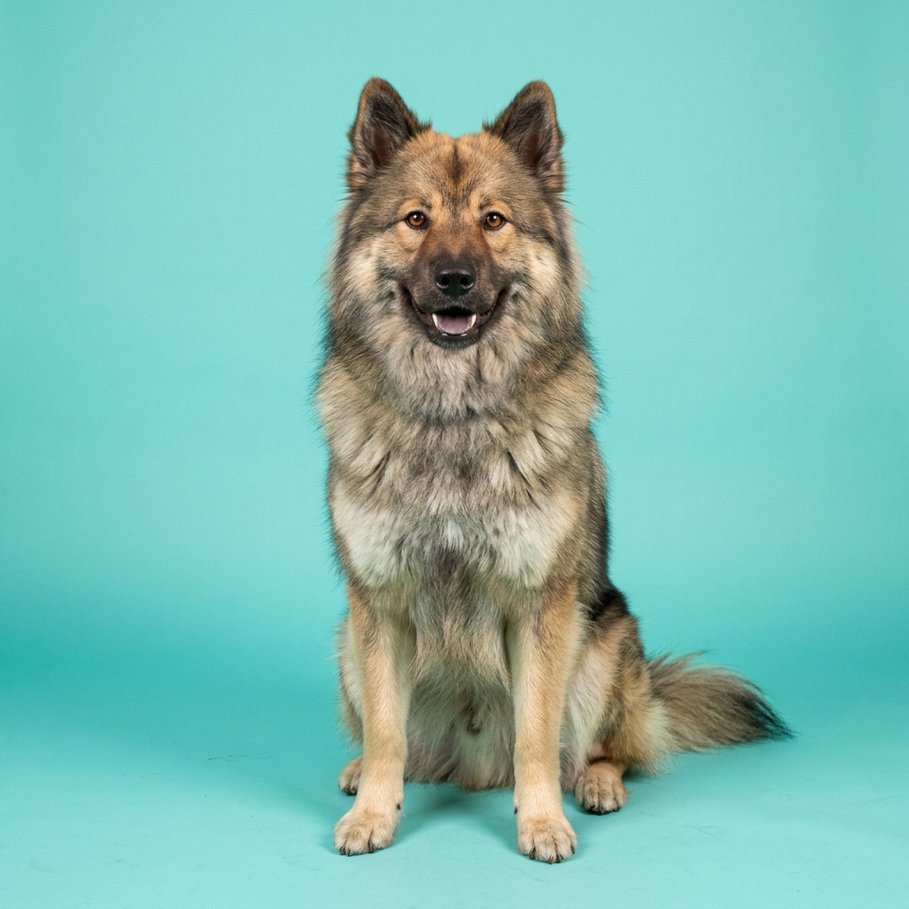 Ein Eurasier sitzt aufmerksam vor einem aquamarinfarbenen Studiohintergrund.