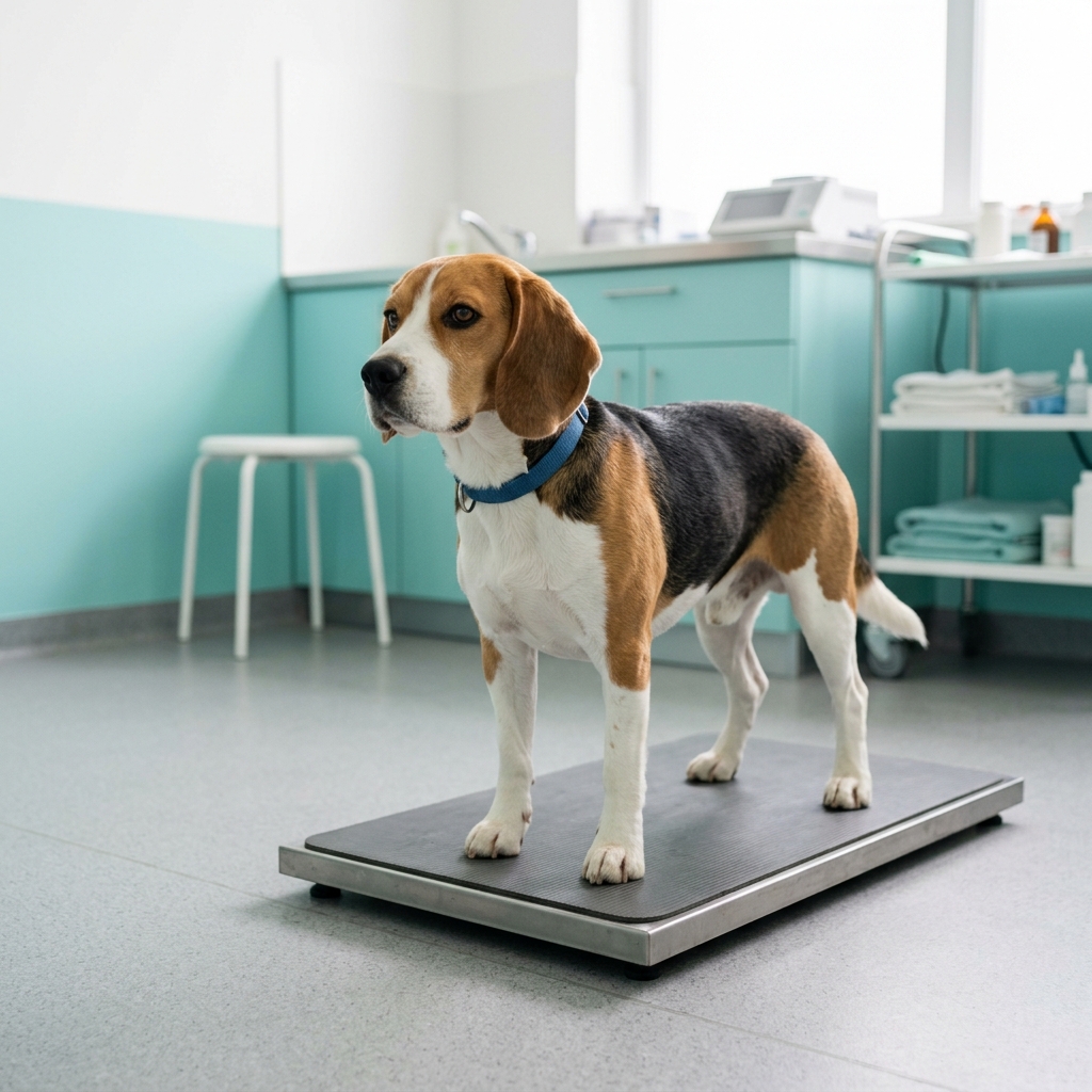 Ein Beagle steht ruhig auf einer flachen Tierarztwaage in einem hellen Behandlungsraum.